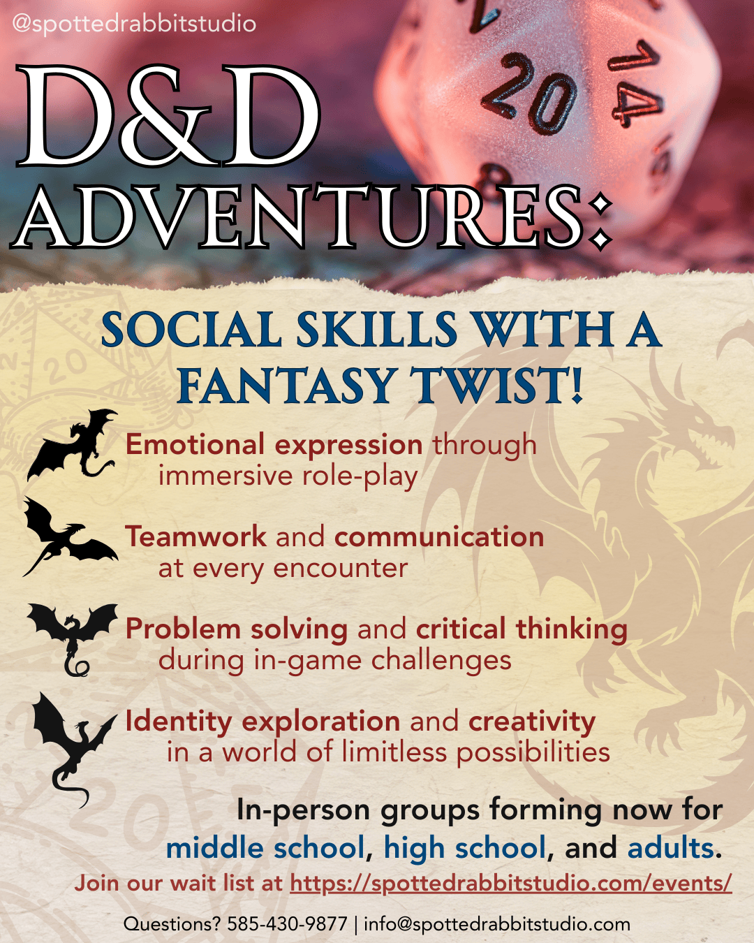 D&D Adventures promotional graphic featuring a twenty-sided die, dragons, and text highlighting social skills development through role-play, teamwork, problem-solving, and identity exploration for middle school, high school, and adult participants.